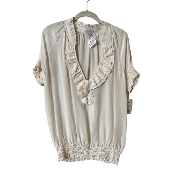 Nwt Joie Neiman Marcus 100% Silk Ruffled Ruched Short Sleeved Cream Blouse